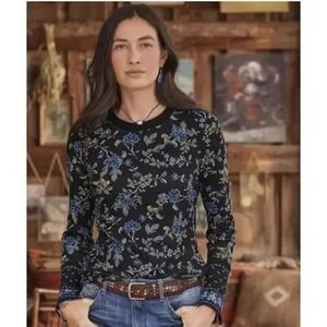 Sundance Loretta Floral Thermal Waffle Knit Top Womens Size XL Velvet Trim Black